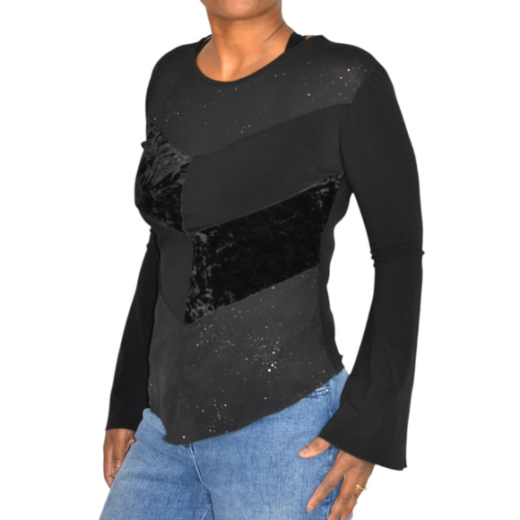 Vintage Ludmilla Bell Sleeve Top Black Velvet Sparkle Y2K France Patchwork Small - Picture 14 of 16